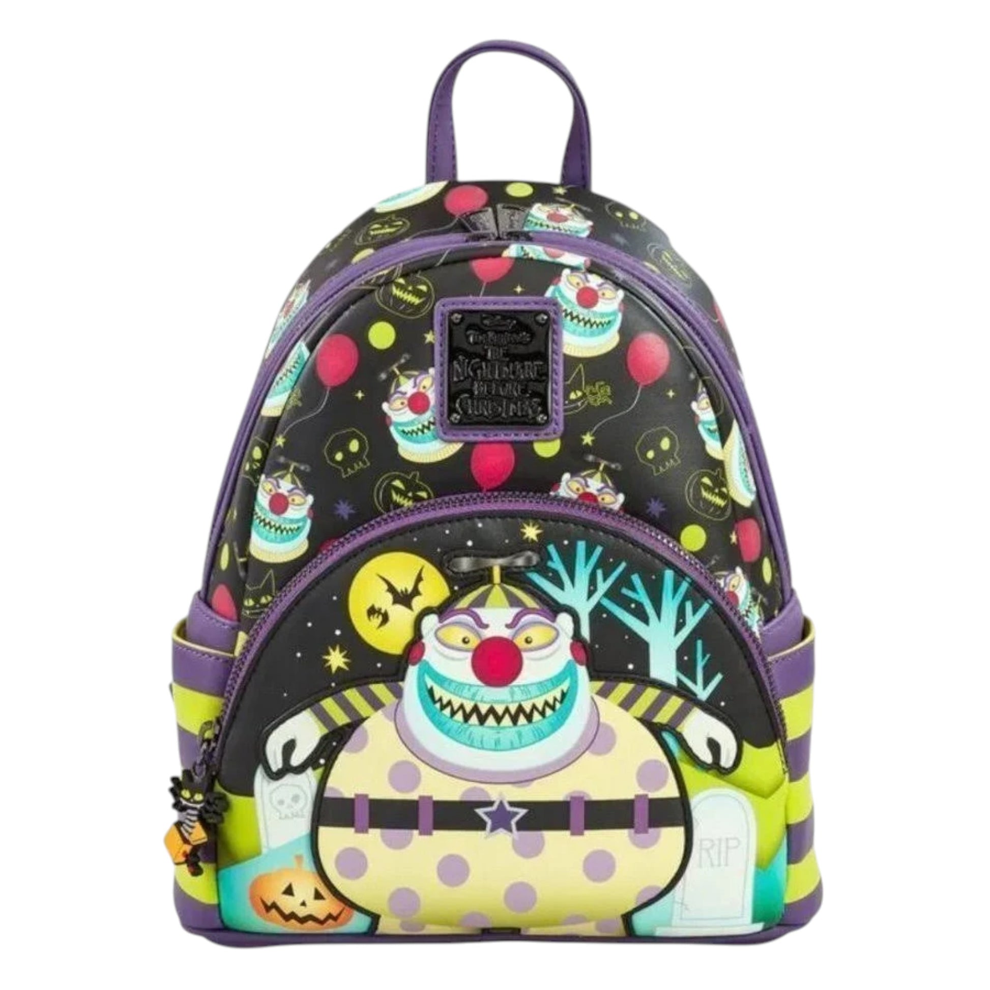 Colorful Loungefly The Nightmare Before Christmas Clown Mini with clown design in front of trees and moon on a white background