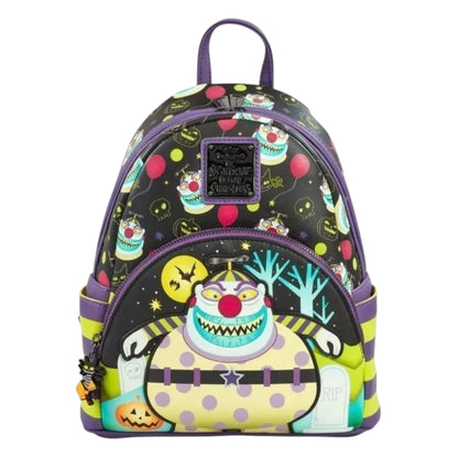 Colorful Loungefly The Nightmare Before Christmas Clown Mini with clown design in front of trees and moon on a white background