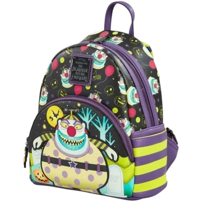 Colorful Loungefly The Nightmare Before Christmas Clown Mini with clown design in front of trees and moon on a white background