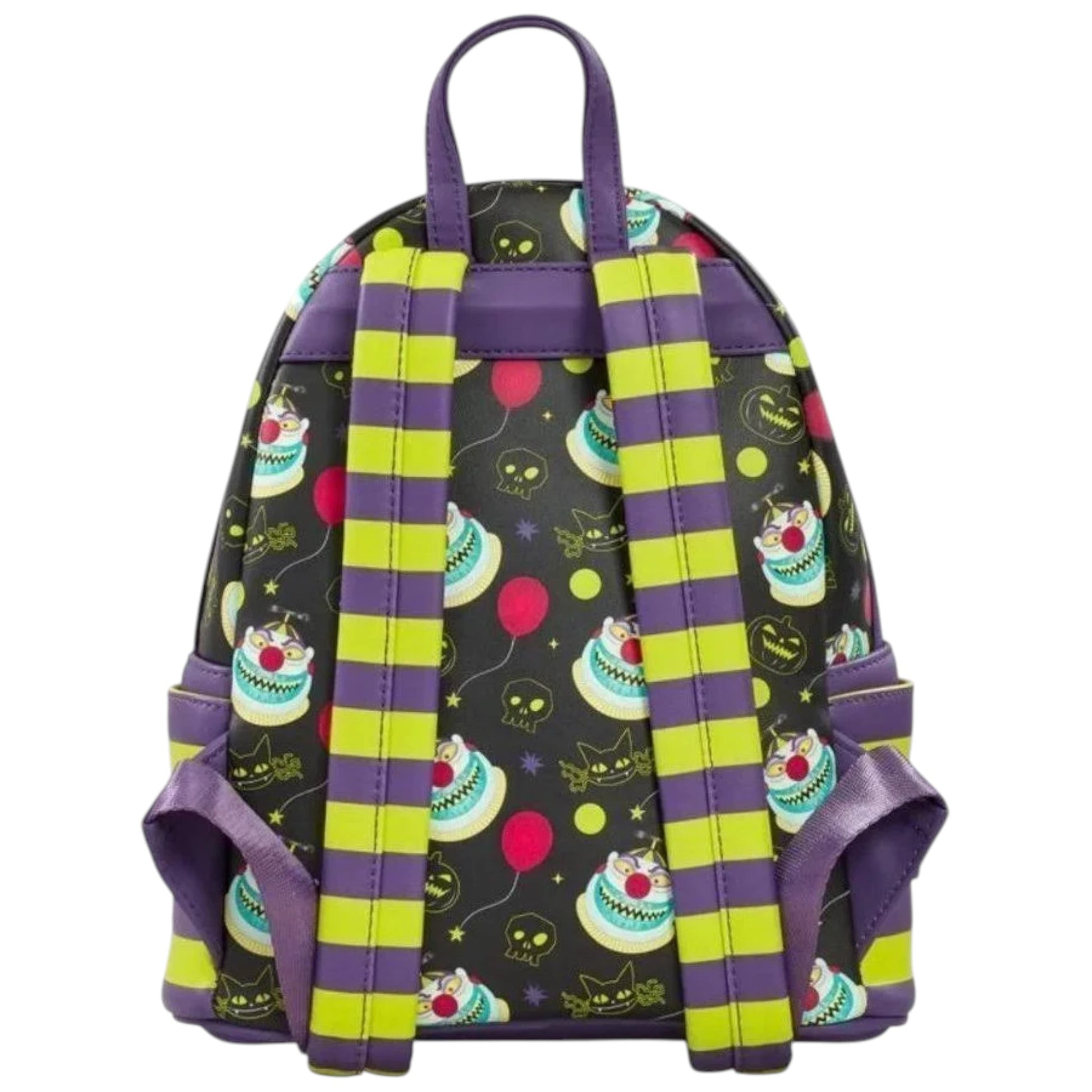 Back of Colorful Loungefly The Nightmare Before Christmas Clown Mini with clown design with yellow and purple striped straps and a clown face character and red balloon patterns on a white background