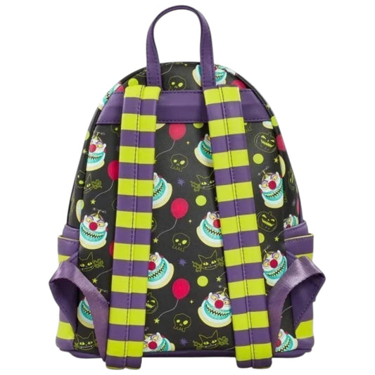 Back of Colorful Loungefly The Nightmare Before Christmas Clown Mini with clown design with yellow and purple striped straps and a clown face character and red balloon patterns on a white background