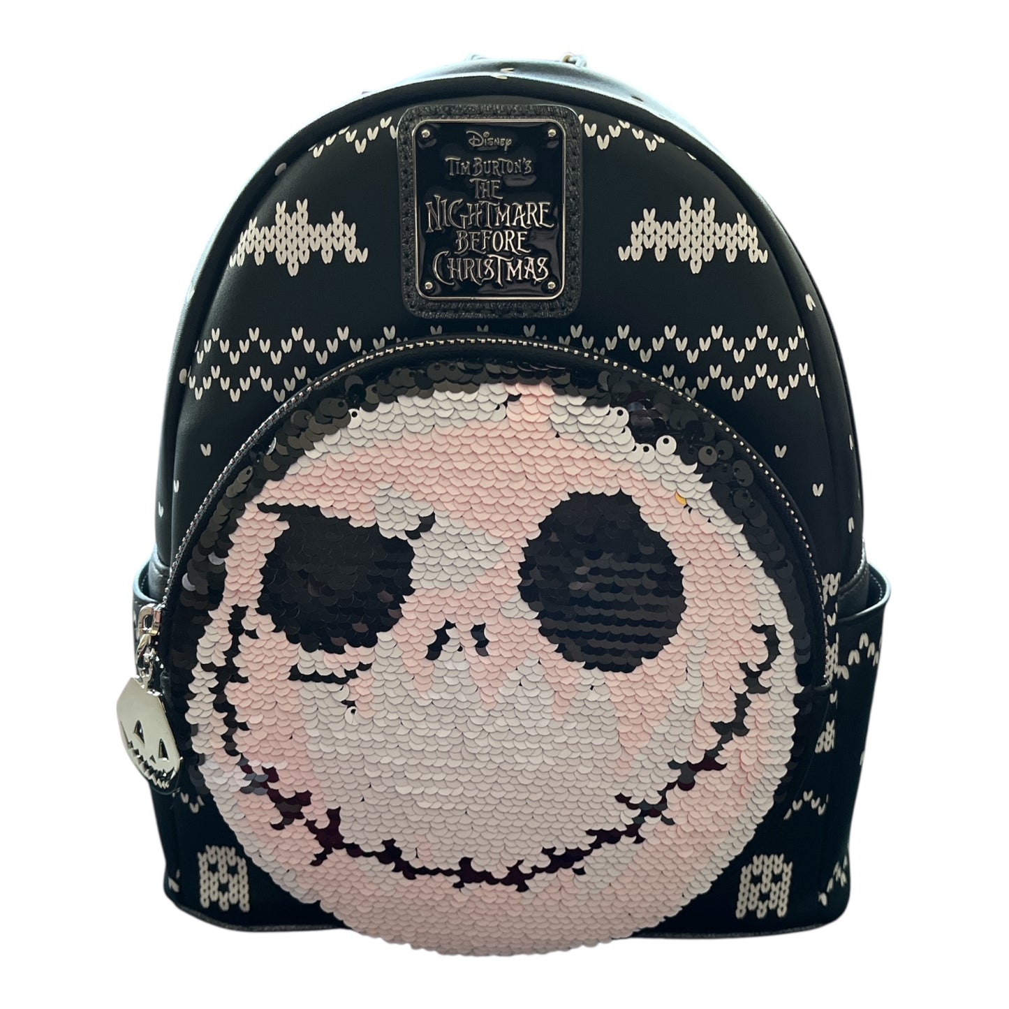 Backpack with Flip Sequin Jack white face design on a white background