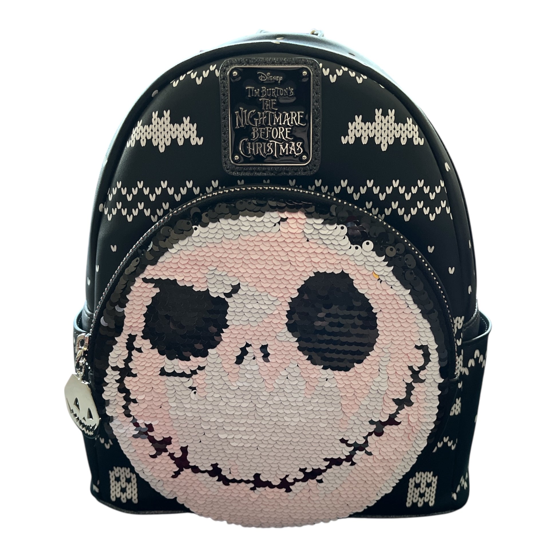 Backpack with Flip Sequin Jack white face design on a white background