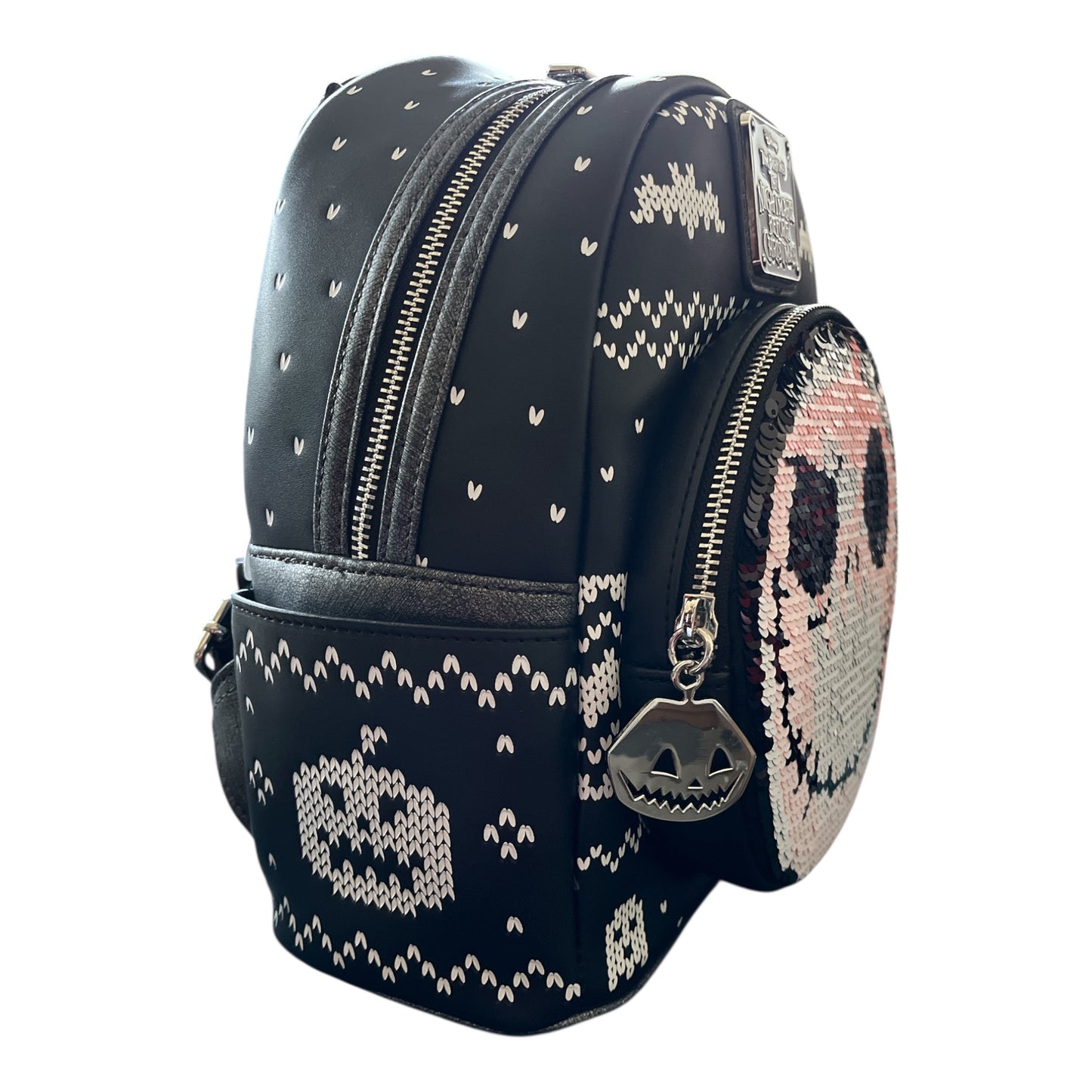 Backpack with Flip Sequin Jack white face design on a white background 
