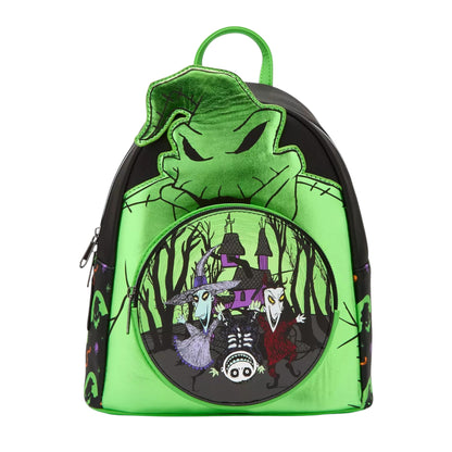 Green backpack with Oogie Boogie  and Lock Shock and Barrel character design on a white background
