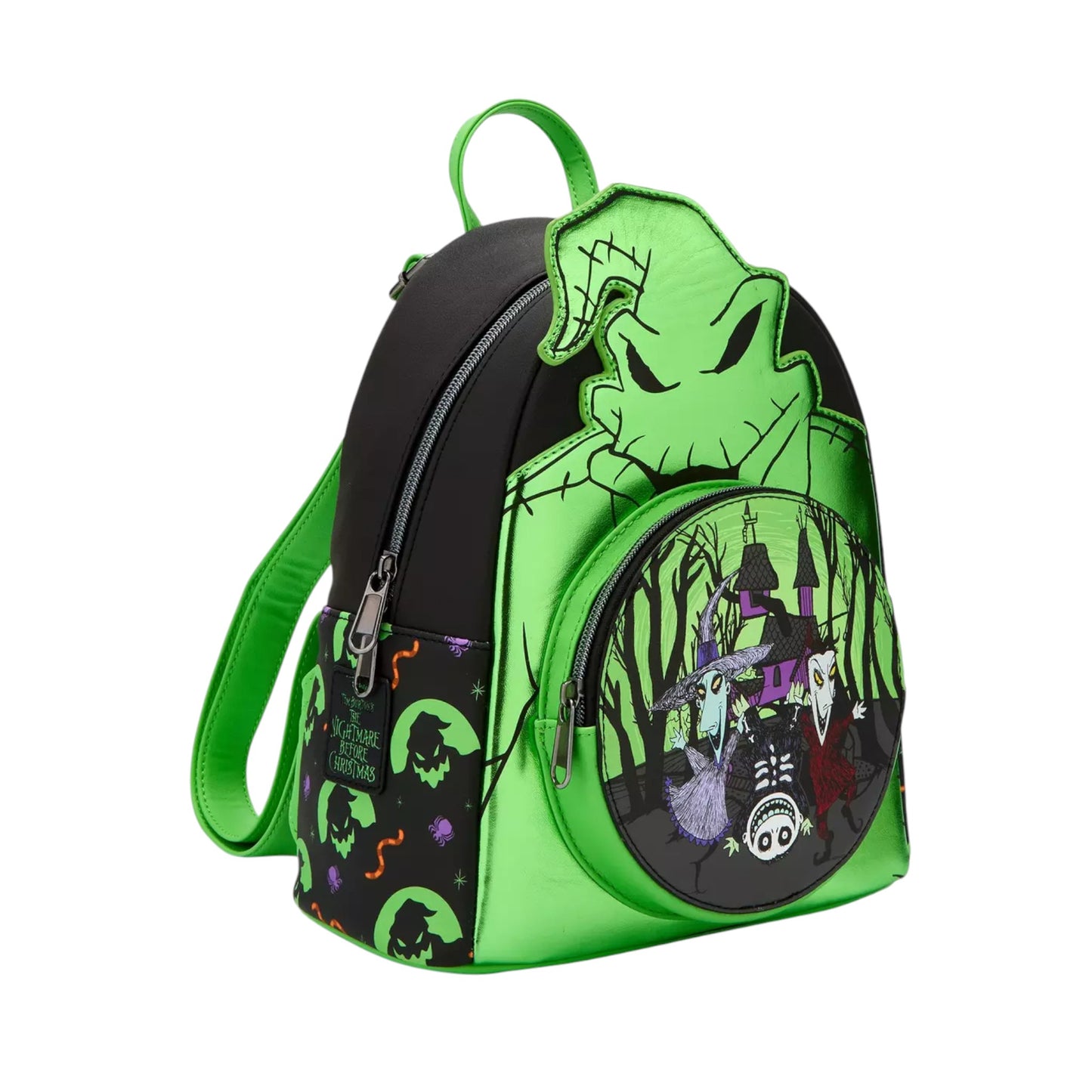 Green and black backpack with Oogie Boogie  and Lock Shock and Barrel character design on a white background