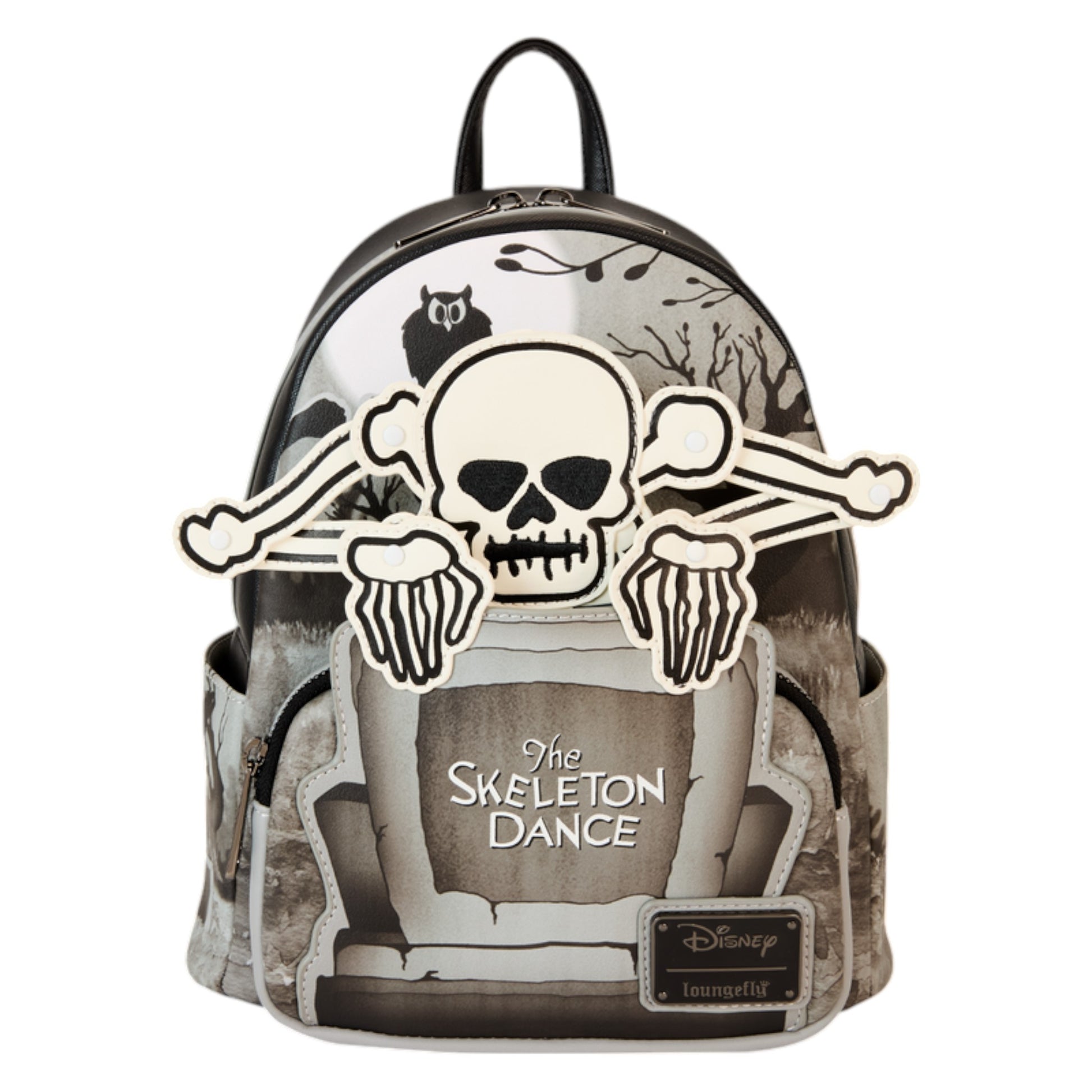 Loungefly Disney The Skeleton Dance Glow in the Dark Mini Backpack with 'The Skeleton Dance' text and character design featuring a skeleton and bones on a white background.