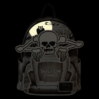 Glowing Loungefly Disney The Skeleton Dance Glow in the Dark Mini Backpack with 'The Skeleton Dance' text and character design featuring a skeleton and bones on a white background.