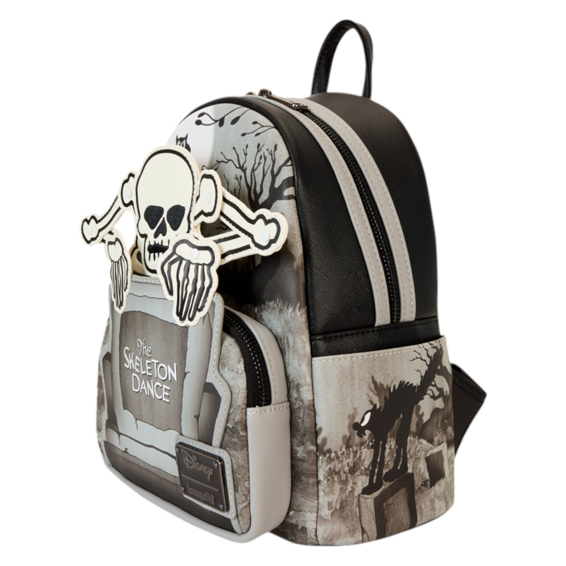 Loungefly Disney The Skeleton Dance Glow in the Dark Mini Backpack with 'The Skeleton Dance' text and character design featuring a skeleton and bones on a white background.