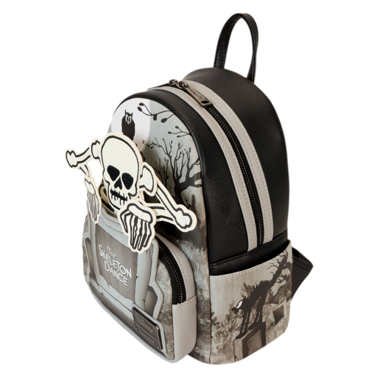 Loungefly Disney The Skeleton Dance Glow in the Dark Mini Backpack with 'The Skeleton Dance' text and character design featuring a skeleton and bones on a white background.