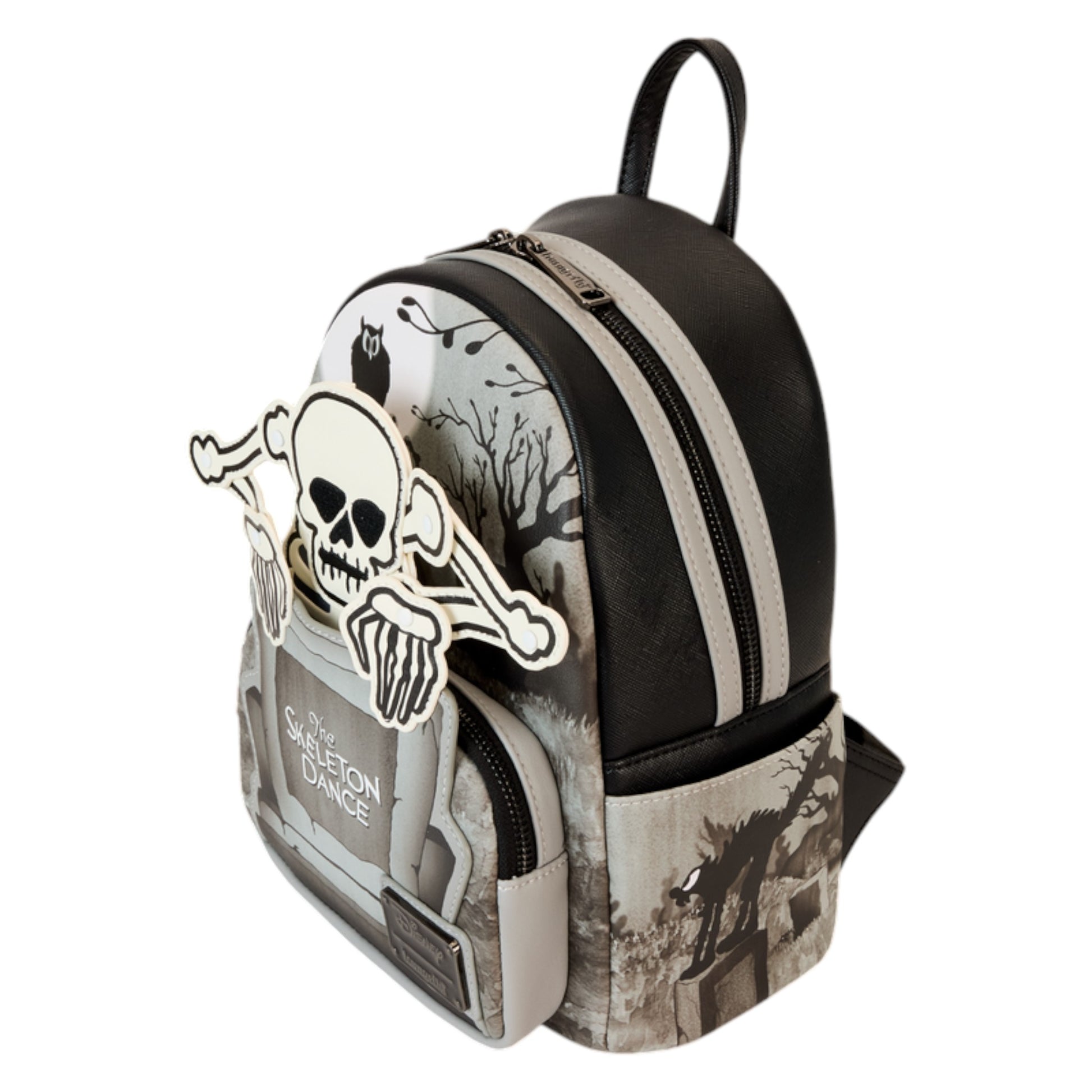 Loungefly Disney The Skeleton Dance Glow in the Dark Mini Backpack with 'The Skeleton Dance' text and character design featuring a skeleton and bones on a white background.