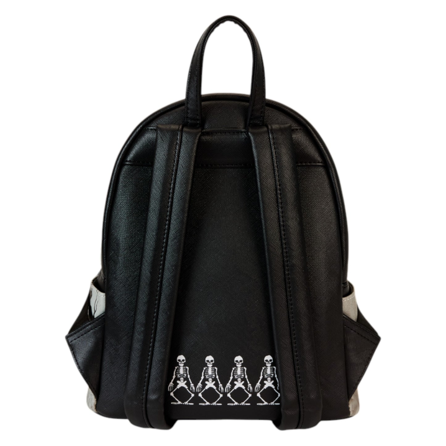 Back of Loungefly Disney The Skeleton Dance Glow in the Dark Mini Backpack with white skeleton character design on a white background