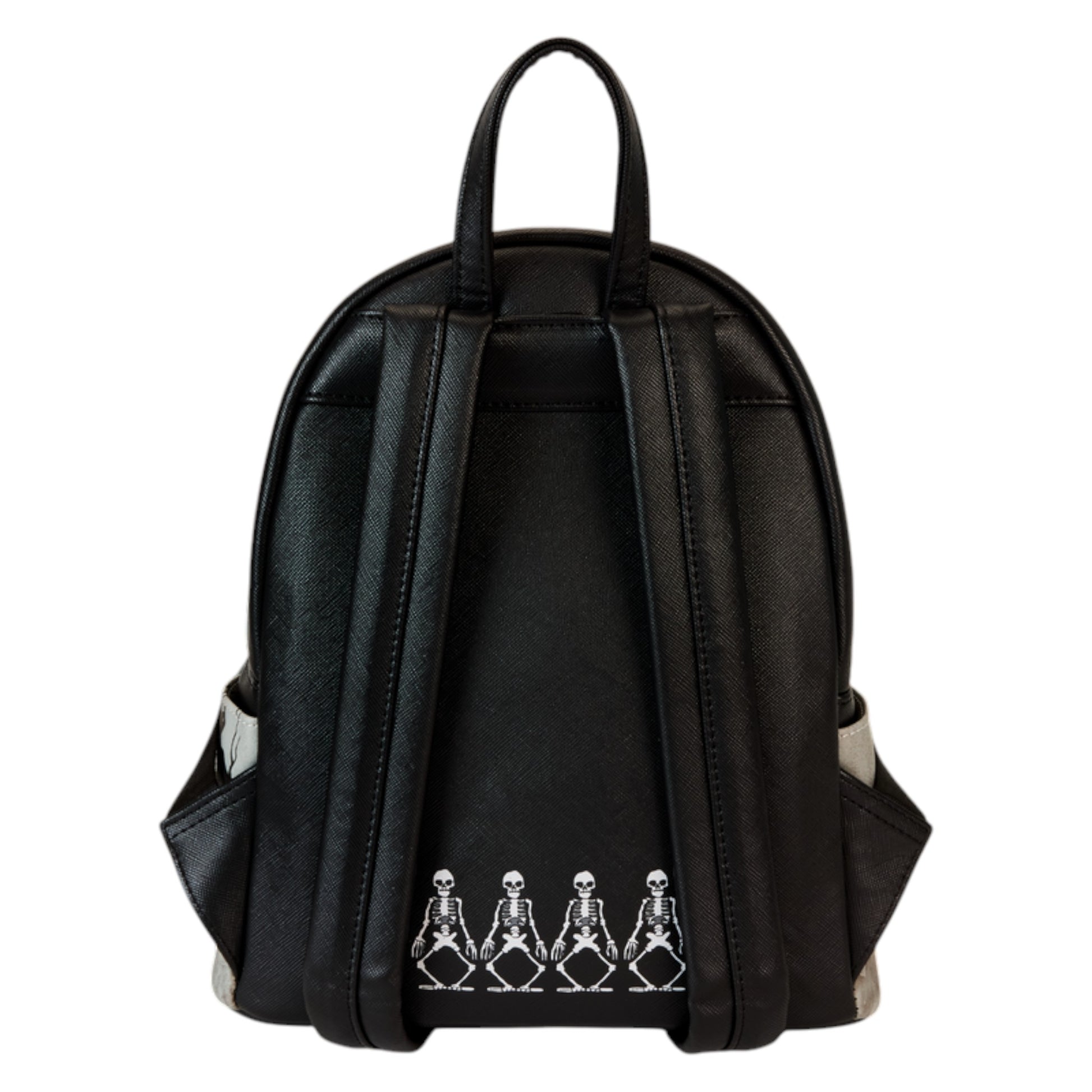 Back of Loungefly Disney The Skeleton Dance Glow in the Dark Mini Backpack with white skeleton character design on a white background