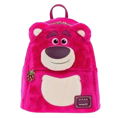 Pink plush backpack with Lotso face on a white background