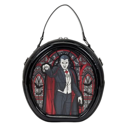 Loungefly Universal Monsters Dracula & Frankenstein Crossbody Bag with stained glass effect and Dracula character figure on a white background