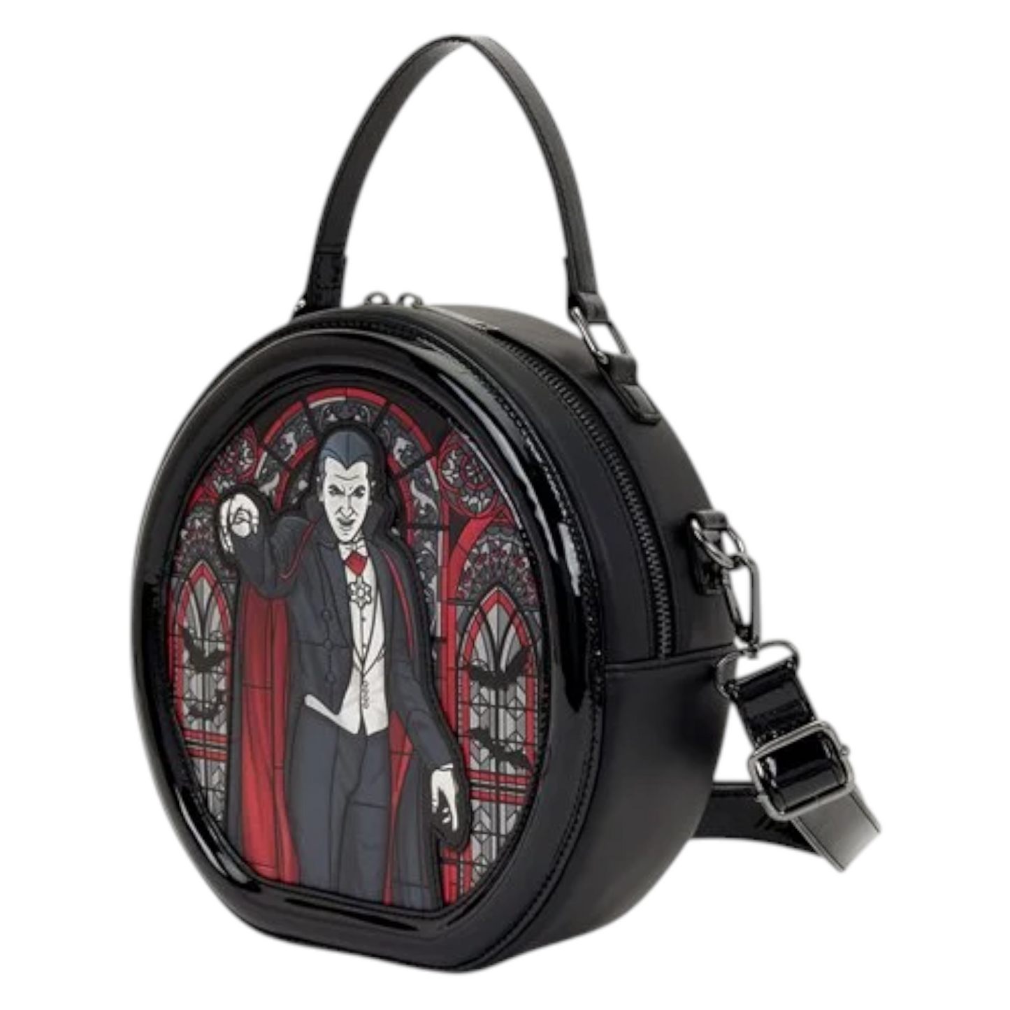 Loungefly Universal Monsters Dracula & Frankenstein Crossbody Bag with stained glass effect and Dracula character figure on a white background