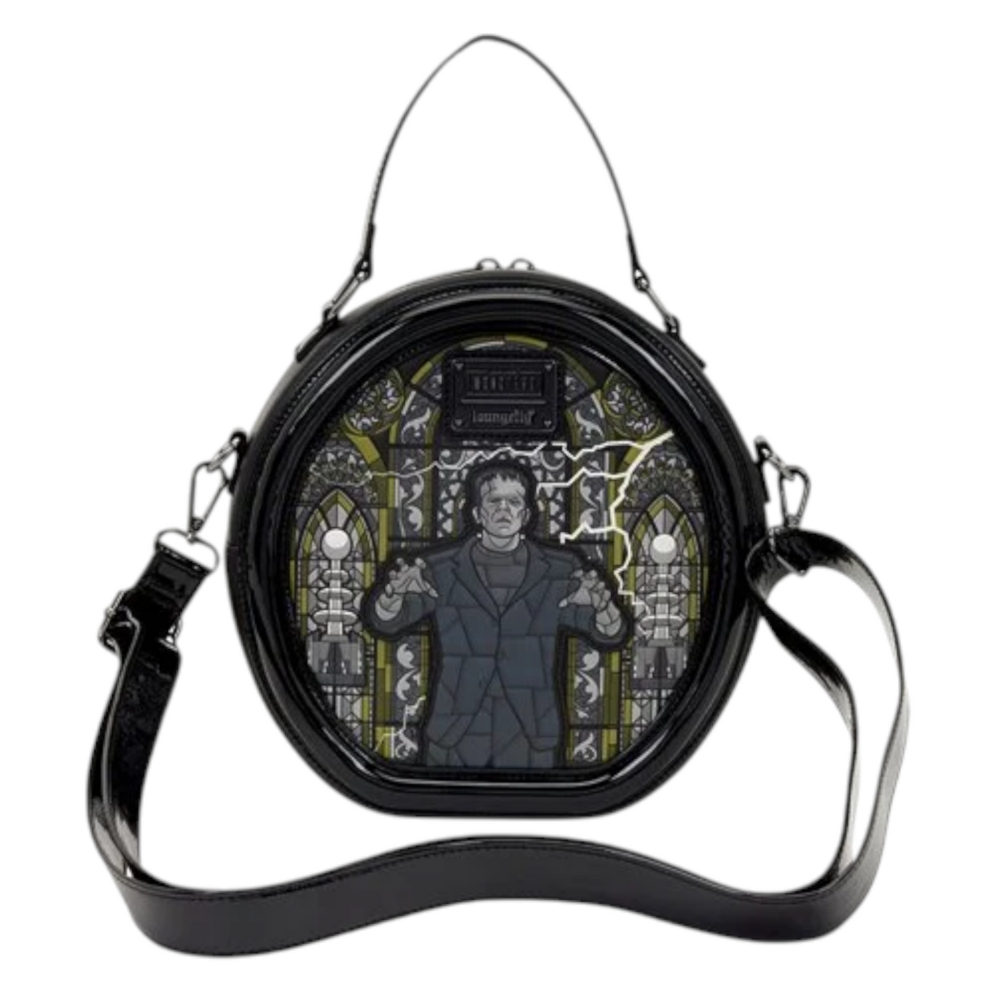 Back of Loungefly Universal Monsters Dracula & Frankenstein Crossbody Bag with stained glass effect and Frankenstein character figure on a white background
