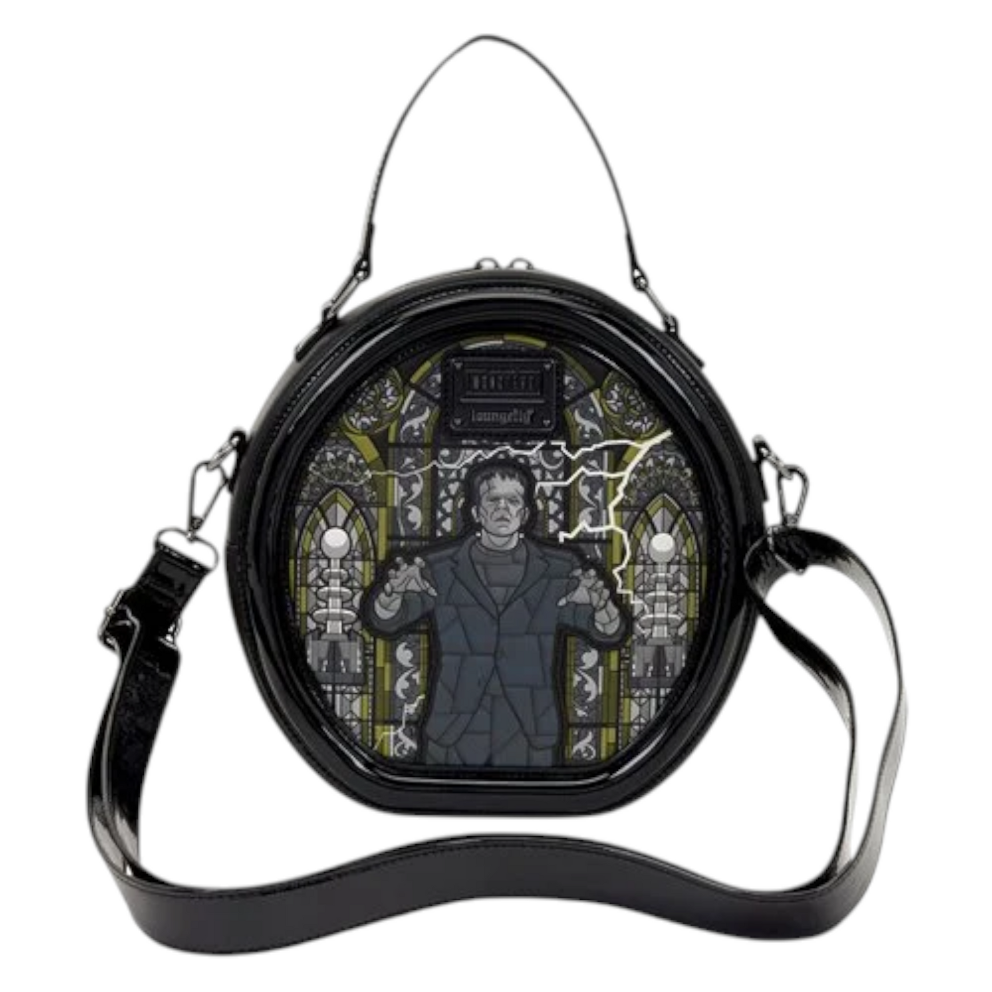 Back of Loungefly Universal Monsters Dracula & Frankenstein Crossbody Bag with stained glass effect and Frankenstein character figure on a white background
