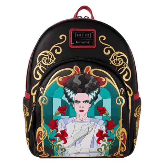 Backpack with decorative design featuring The Bride Of Frankenstein  and floral elements on a white background