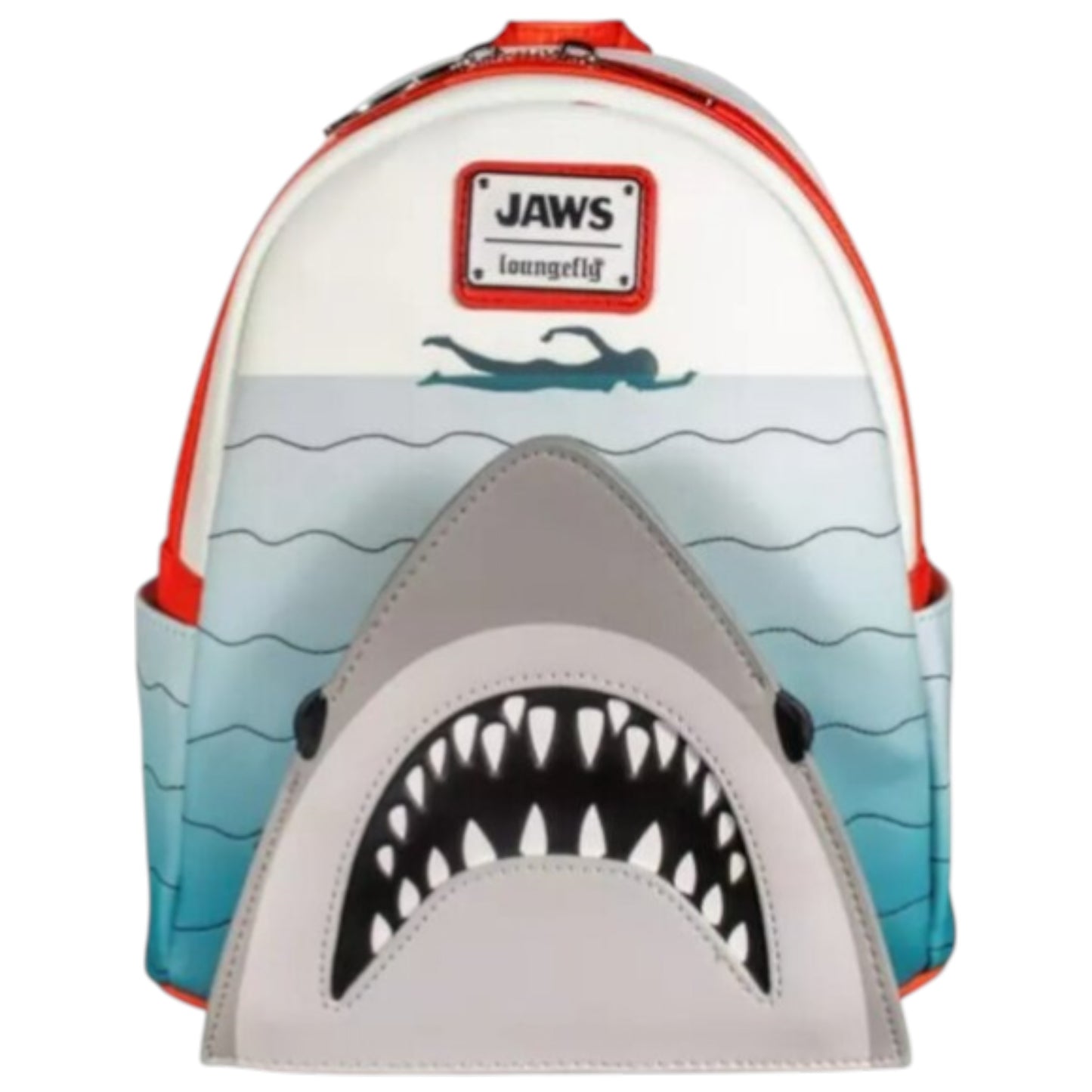 Loungefly Universal Studios Jaws Mini Backpack with shark head rising to the surface with its mouth open and a woman swimming above and 'Jaws' and 'Loungefly' branding on a white background