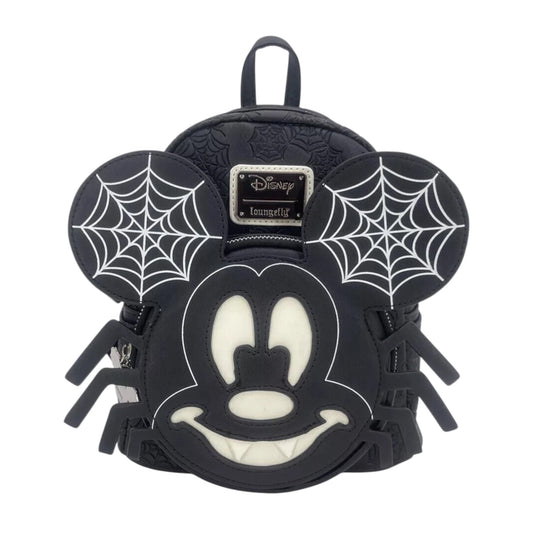 Black Spider Mickey Glow In The Dark Mini Backpack with spider web designs and a Disney logo on a white background