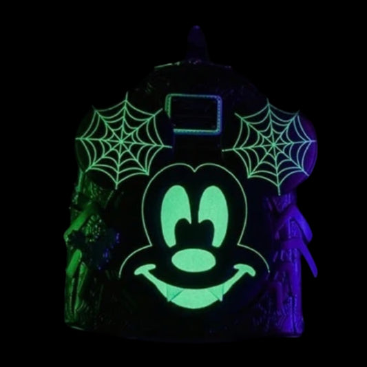 Glowing Halloween-themed Spider Mickey Glow In The Dark Mini Backpack with spider webs and a face on a black background