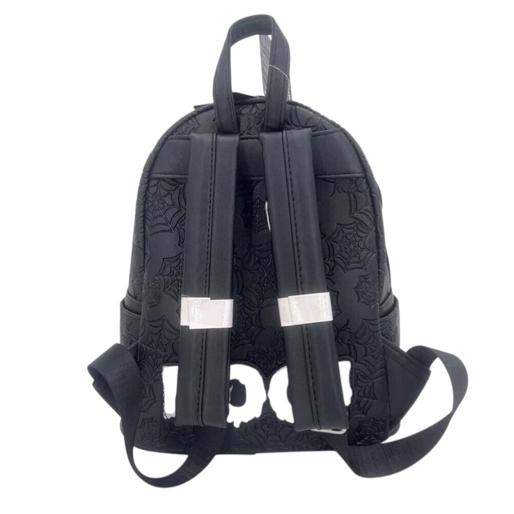 Black Spider Mickey Glow In The Dark Mini Backpack with spider web design and the text "BOO" on a white background