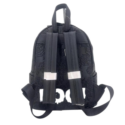 Black Spider Mickey Glow In The Dark Mini Backpack with spider web design and the text "BOO" on a white background