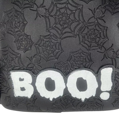 Black Spider Mickey Glow In The Dark Mini Backpack with spider webs and 'BOO!' text