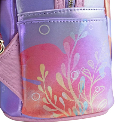 Close-up of Loungefly Disney The Little Mermaid Ariel Soft Floral Mini Backpack with flowers on a white background