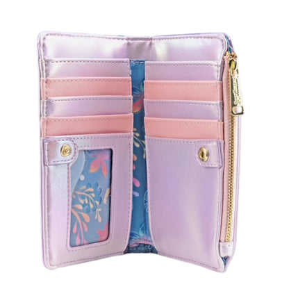 Inside of Loungefly Disney The Little Mermaid Ariel Soft Floral Wallet with a card window and card slots on a white background