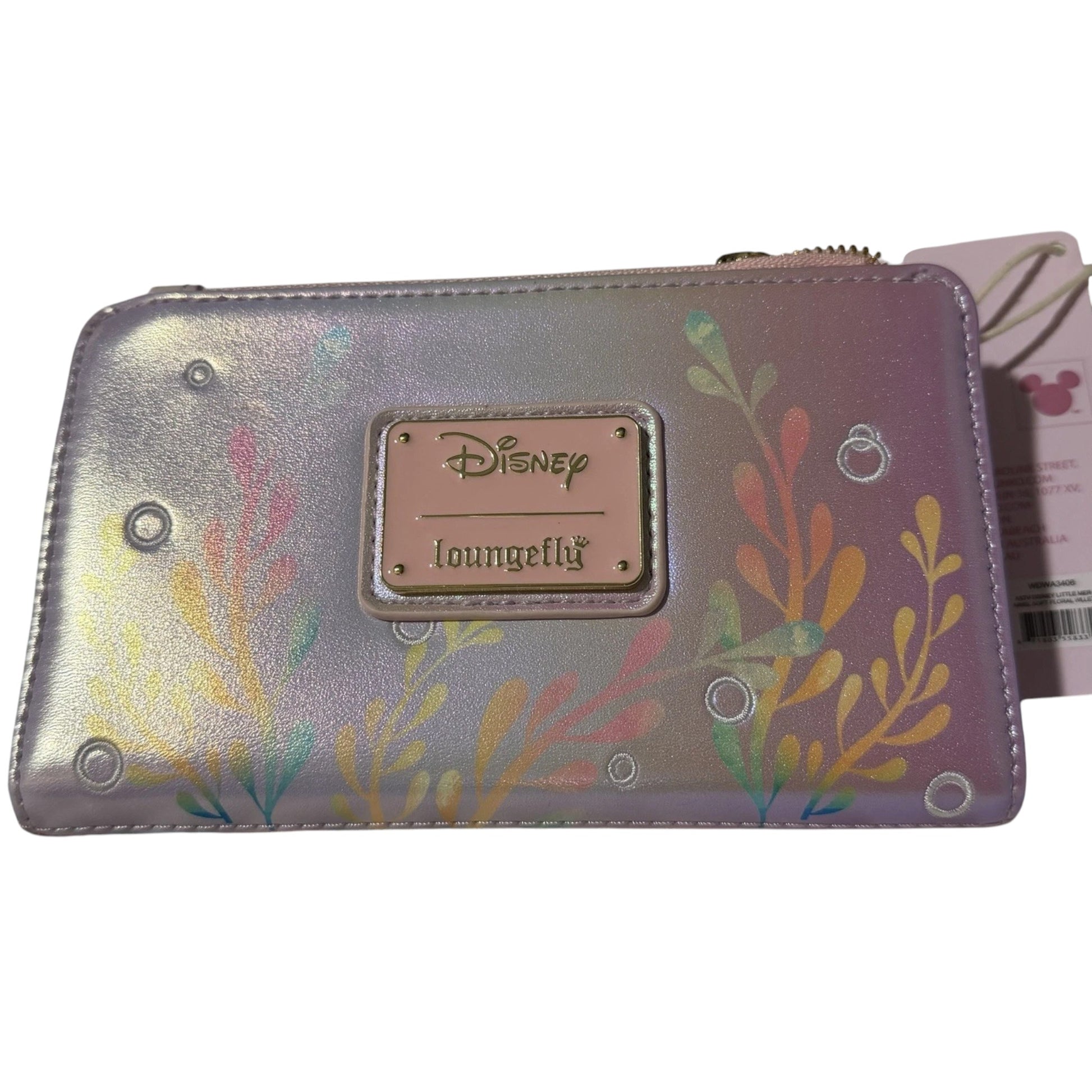 Back of Loungefly Disney The Little Mermaid Ariel Soft Floral Wallet with branded Disney Loungefly logo and  plants on a white background