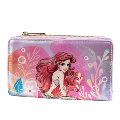 Loungefly Disney The Little Mermaid Ariel Soft Floral Wallet with Ariel sitting around starfish and plants on a white background