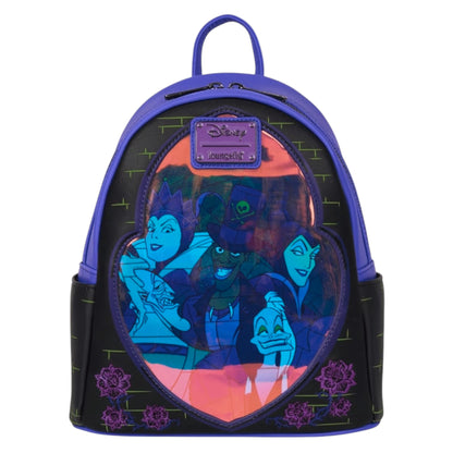 Loungefly Disney Villains Exclusive Stained Glass Glow Mini Backpack with Disney Villains design on a white background