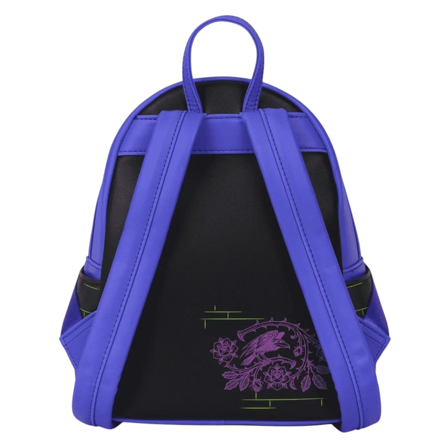 Back of Loungefly Disney Villains Exclusive Stained Glass Glow Mini Backpack with purple floral design and purple straps on a white background