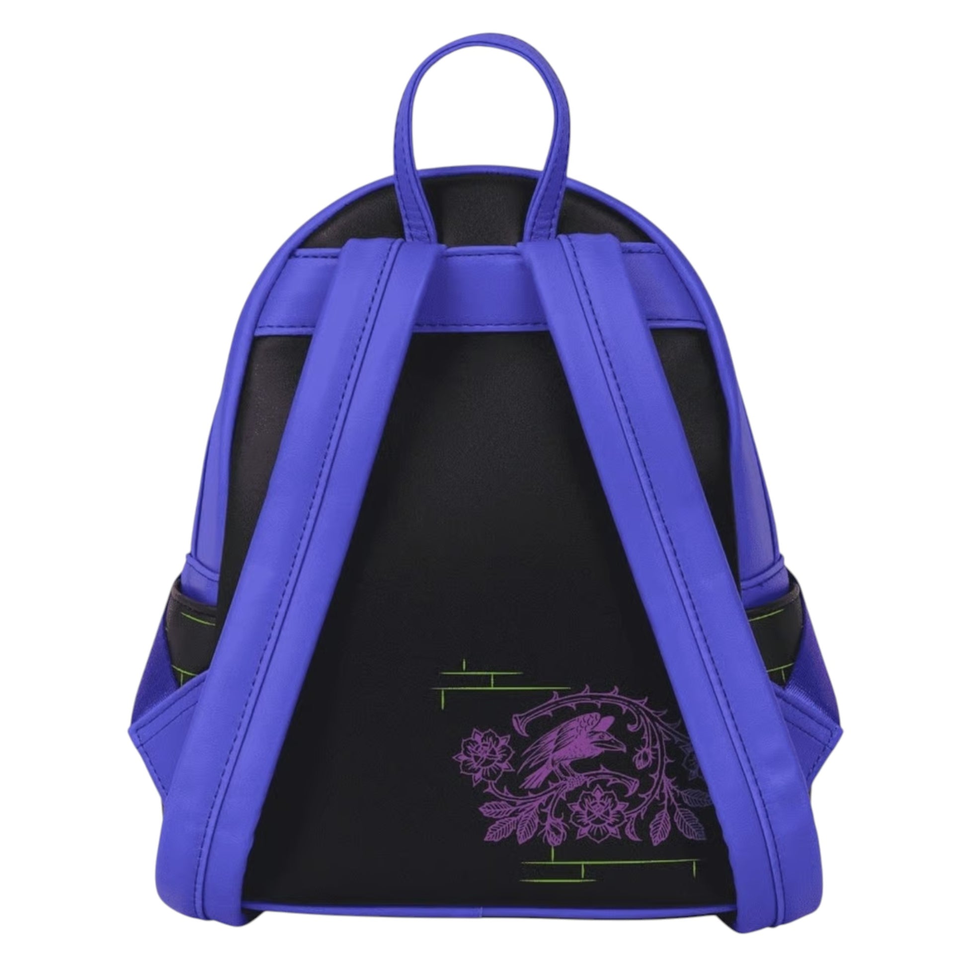 Back of Loungefly Disney Villains Exclusive Stained Glass Glow Mini Backpack with purple floral design and purple straps on a white background