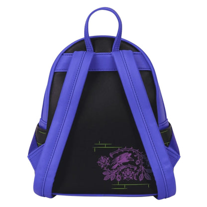 Back of Loungefly Disney Villains Exclusive Stained Glass Glow Mini Backpack with purple floral design and purple straps on a white background