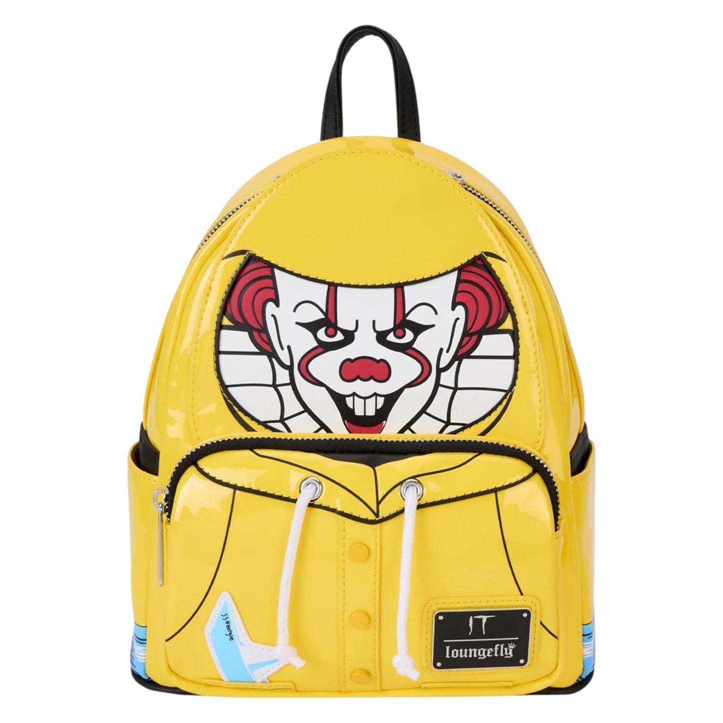 Yellow Loungefly Warner Brothers IT Pennywise Raincoat Cosplay Glow Mini Backpack with Pennywise face design on a white background