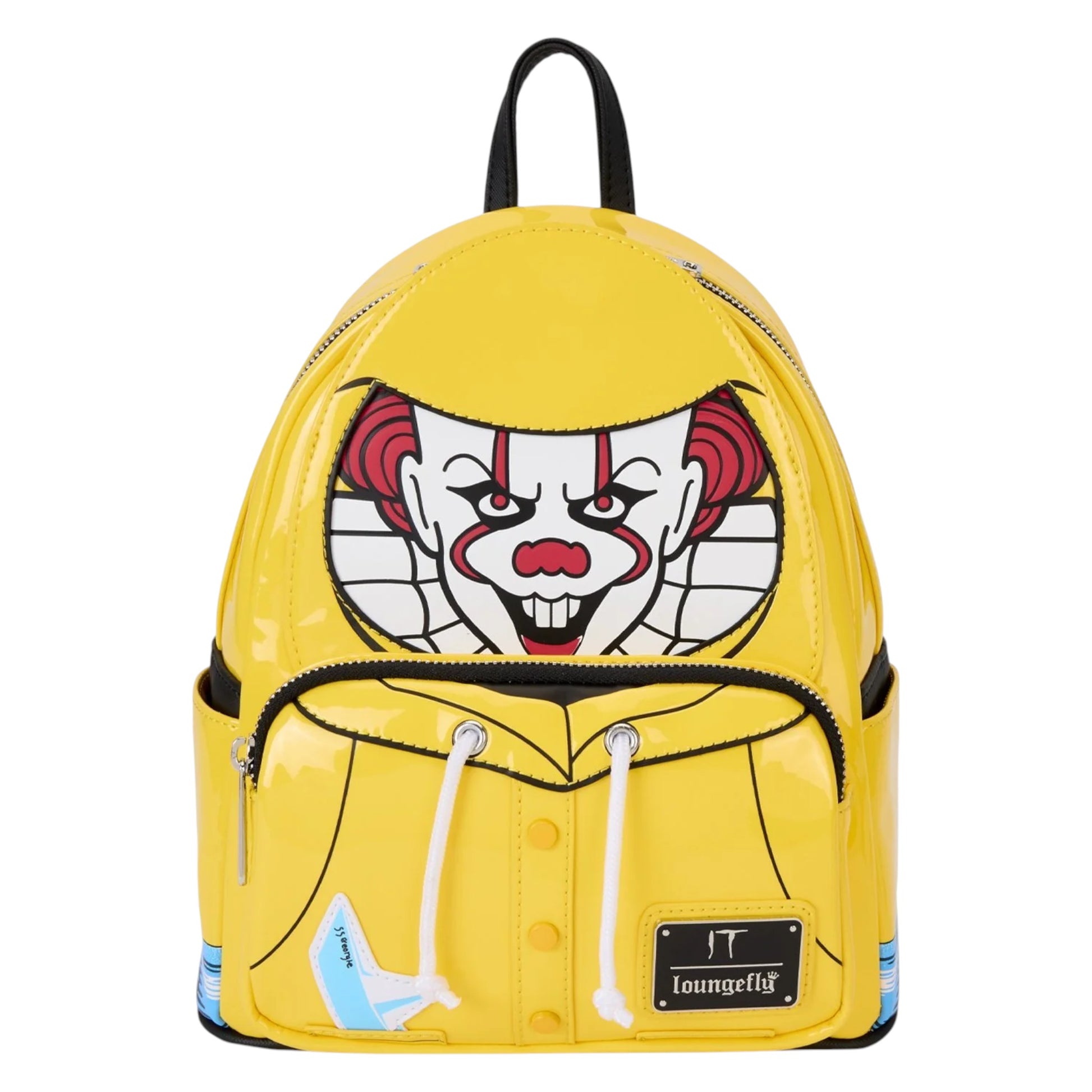 Yellow Loungefly Warner Brothers IT Pennywise Raincoat Cosplay Glow Mini Backpack with Pennywise face design on a white background