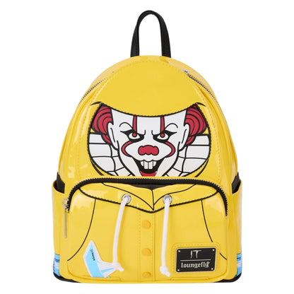Yellow Loungefly Warner Brothers IT Pennywise Raincoat Cosplay Glow Mini Backpack with Pennywise face design on a white background