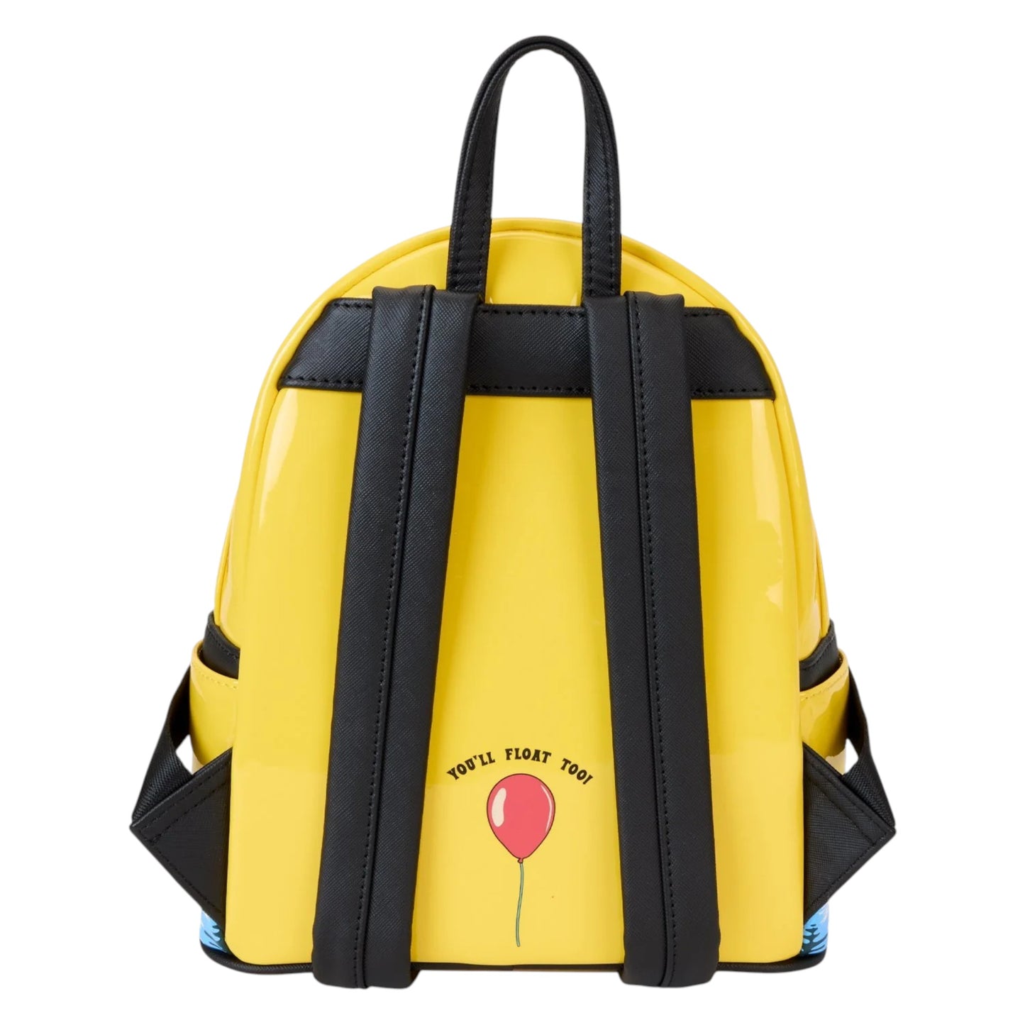 Yellow Yellow Loungefly Warner Brothers IT Pennywise Raincoat Cosplay Glow Mini Backpack with black straps and a red balloon with "You'll Fly Too!" text design on a white background