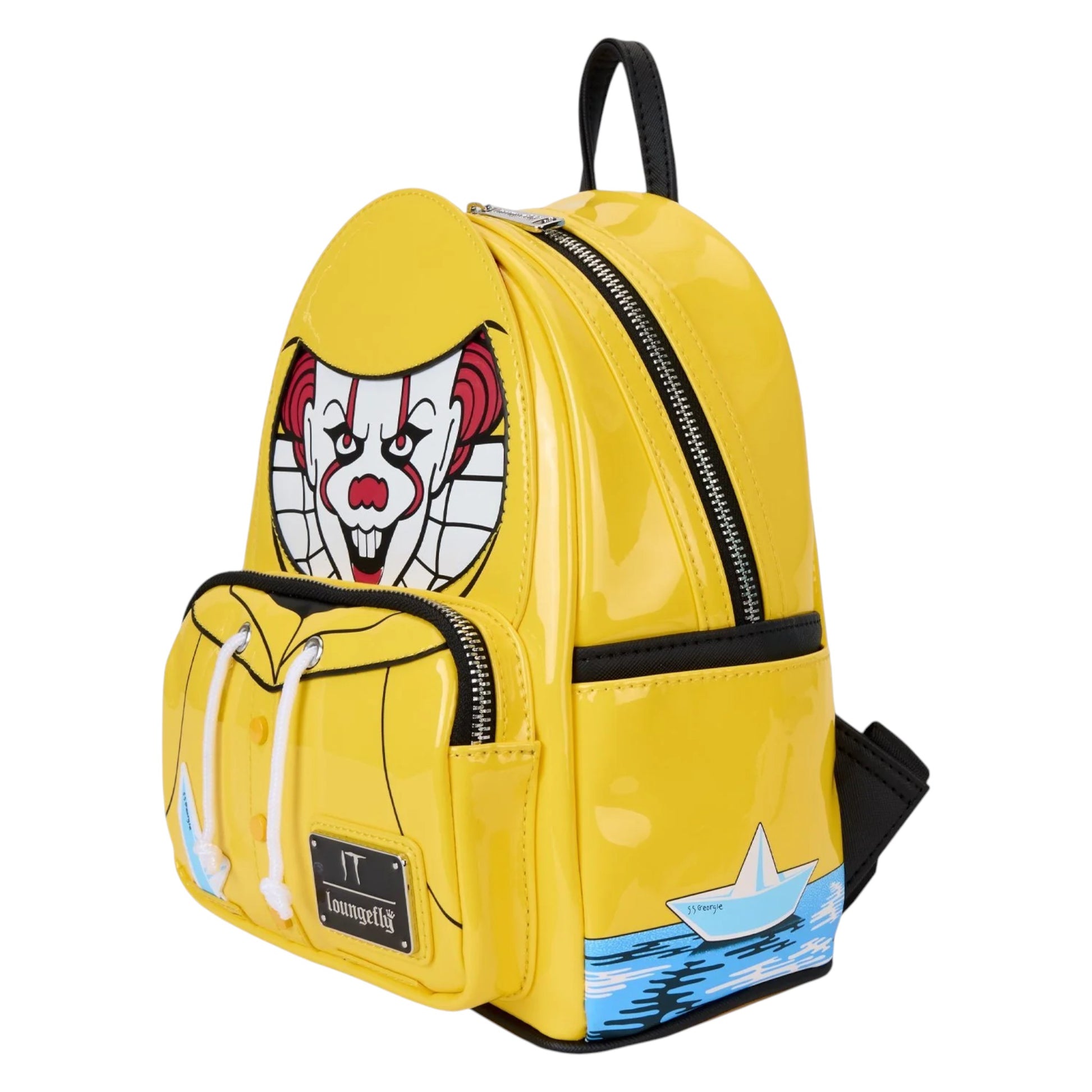 Yellow Yellow Loungefly Warner Brothers IT Pennywise Raincoat Cosplay Glow Mini Backpack with Pennywise face design on a white background