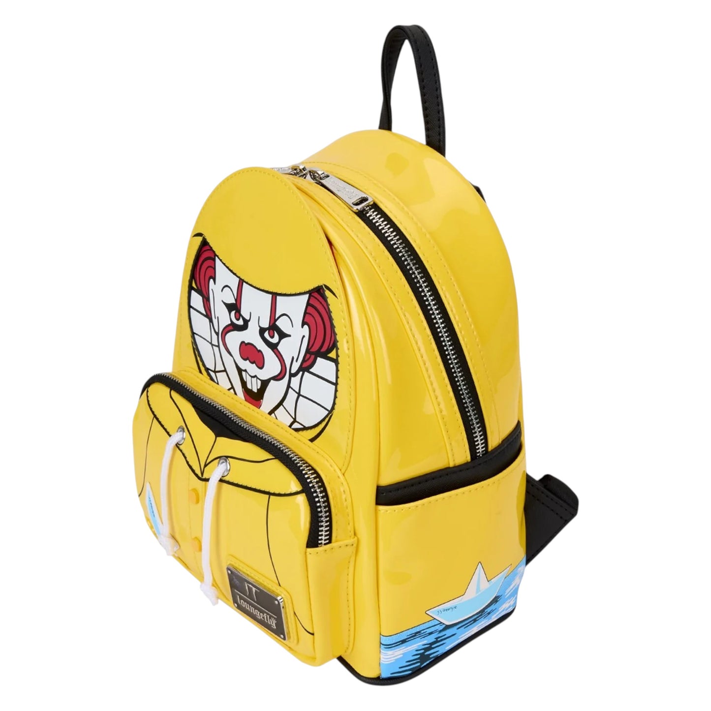 Yellow Yellow Loungefly Warner Brothers IT Pennywise Raincoat Cosplay Glow Mini Backpack with Pennywise face design on a white background