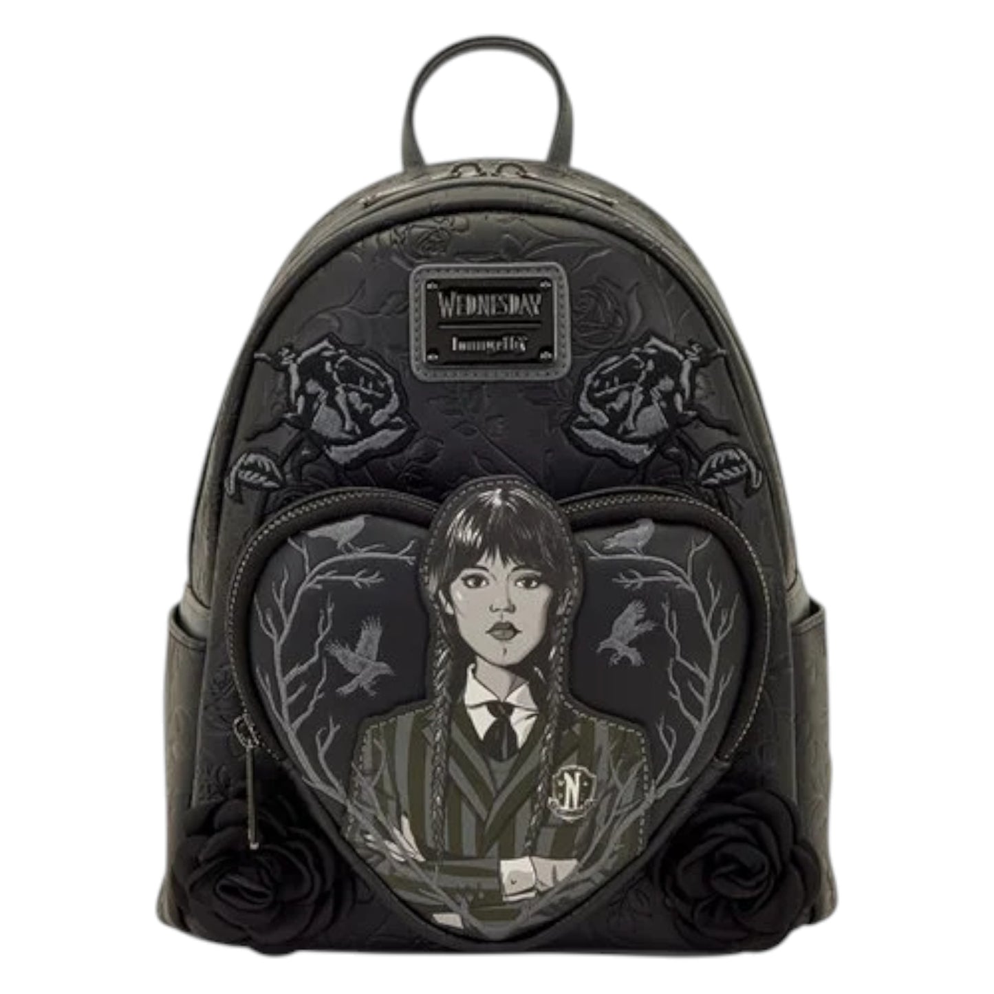 Black mini backpack with embroidered design of Wednesday in a school uniform and roses on a white background