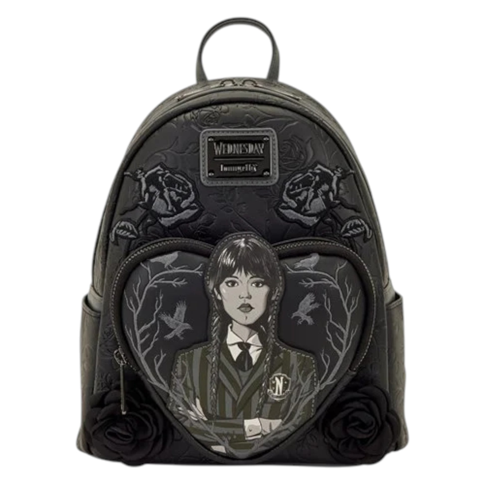 Black mini backpack with embroidered design of Wednesday in a school uniform and roses on a white background