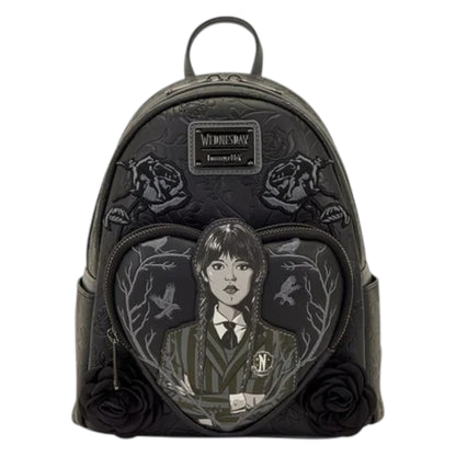 Black mini backpack with embroidered design of Wednesday in a school uniform and roses on a white background