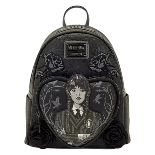 Black mini backpack with embroidered design of Wednesday in a school uniform and roses on a white background