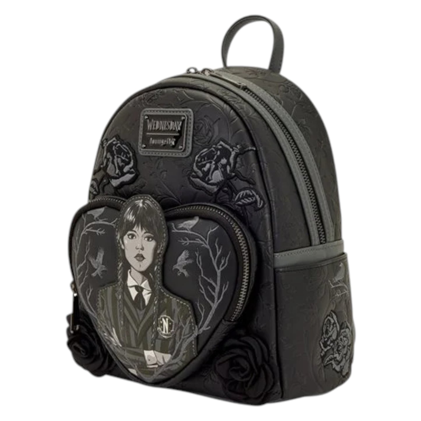 Black backpack with heart-shaped design featuring Wednesday and roses on a white background