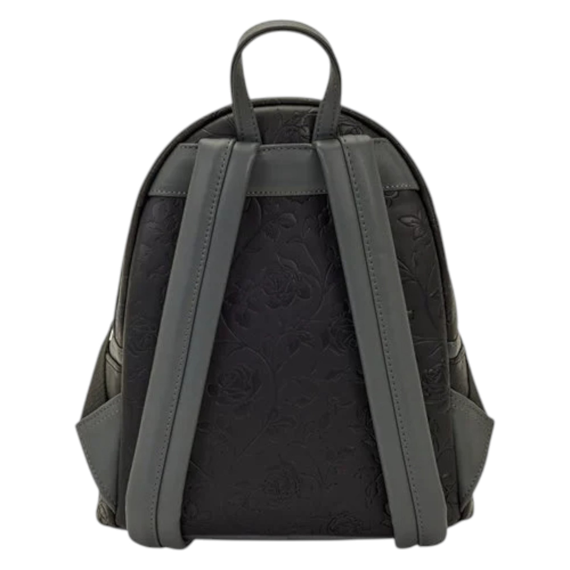 Black backpack with roses pattern on a white background