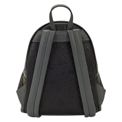 Black backpack with roses pattern on a white background
